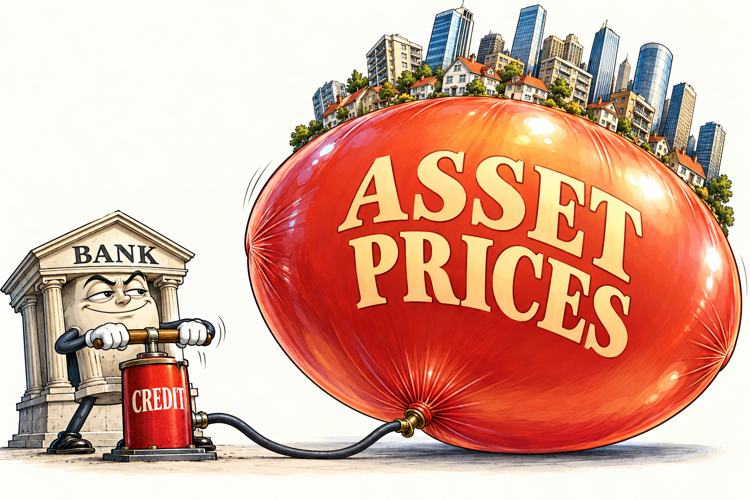 A caricature of a bank operates a pump labelled Credit, inflating an enormous balloon labelled Asset Prices with houses and skyscrapers perched on top