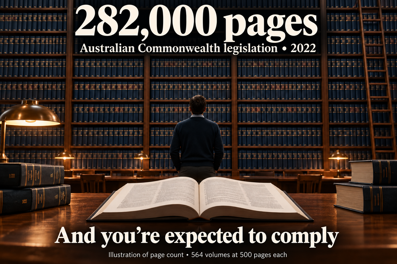 A person faces a wall of legal volumes illustrating 282,000 pages of Australian Commonwealth legislation in 2022, equivalent to 564 volumes of 500 pages each. Caption: And you’re expected to comply