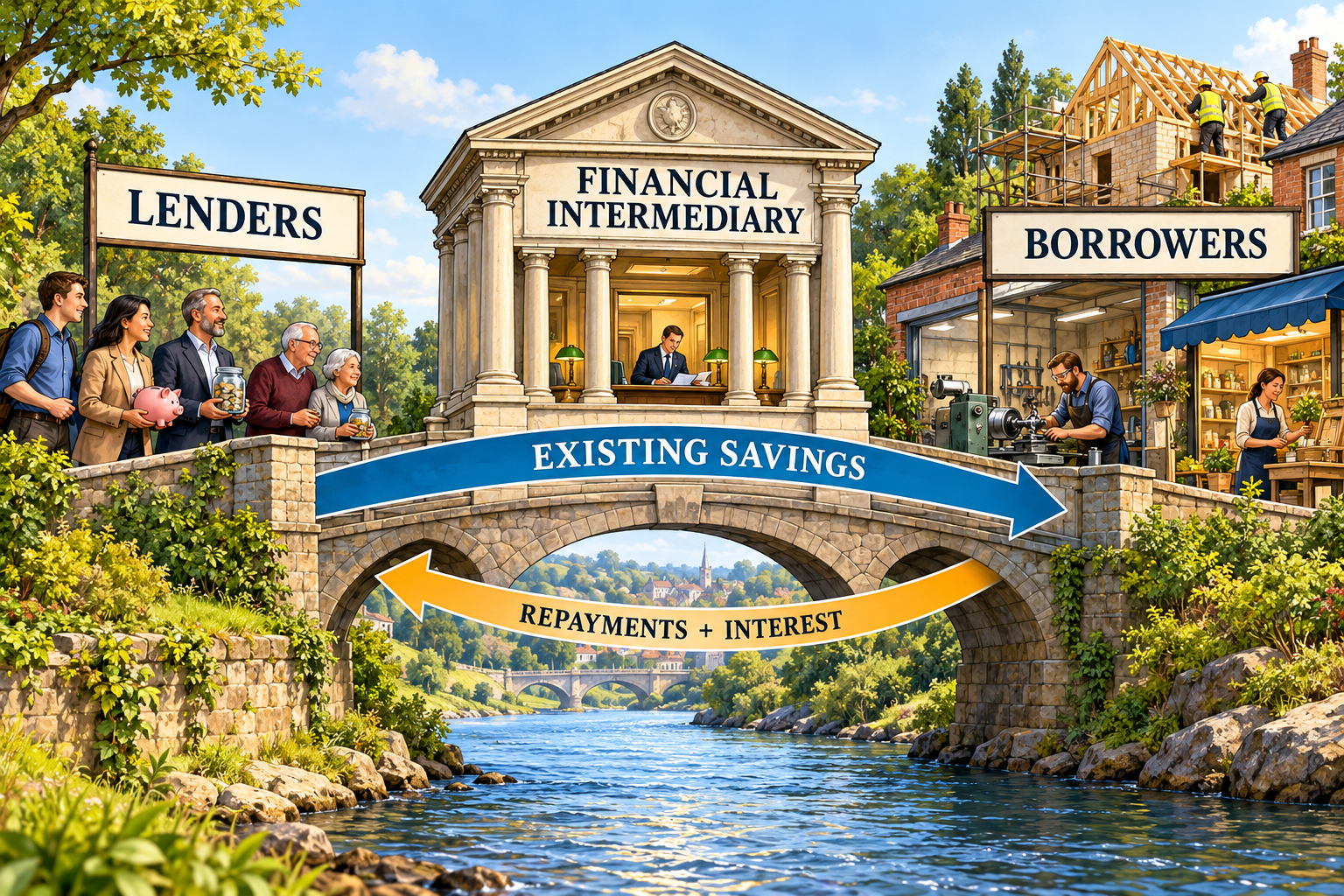 A financial intermediary forms a bridge between lenders and borrowers, with existing savings flowing towards businesses and construction, and repayments plus interest flowing back to lenders