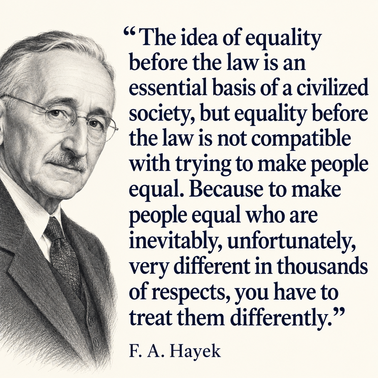 Illustrated portrait of F. A. Hayek alongside his argument that equality before the law is incompatible with trying to make people equal, because doing so requires treating them differently.