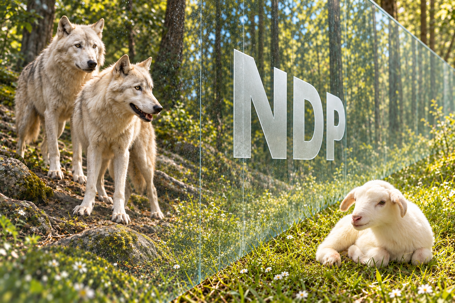 Two wolves face a lamb across a transparent barrier labelled NDP, illustrating protection against tyranny of the majority