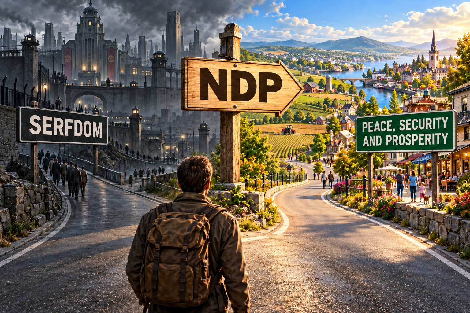 A traveller faces a fork in the road: one route leads to a dark city labelled Serfdom, while an NDP sign points towards a thriving town labelled Peace, Security and Prosperity