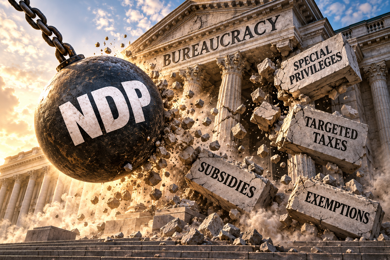 A wrecking ball labelled NDP demolishes a building labelled Bureaucracy, breaking apart blocks labelled Special Privileges, Targeted Taxes, Subsidies and Exemptions