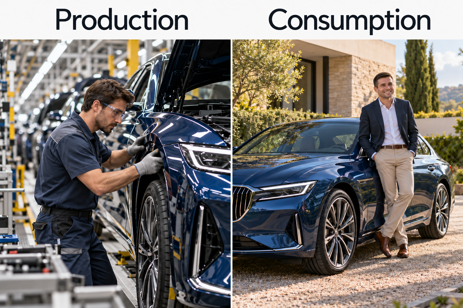 Production: a worker concentrating on assembling a car in a manufacturing plant. Consumption: a different man smiling beside his luxury car.