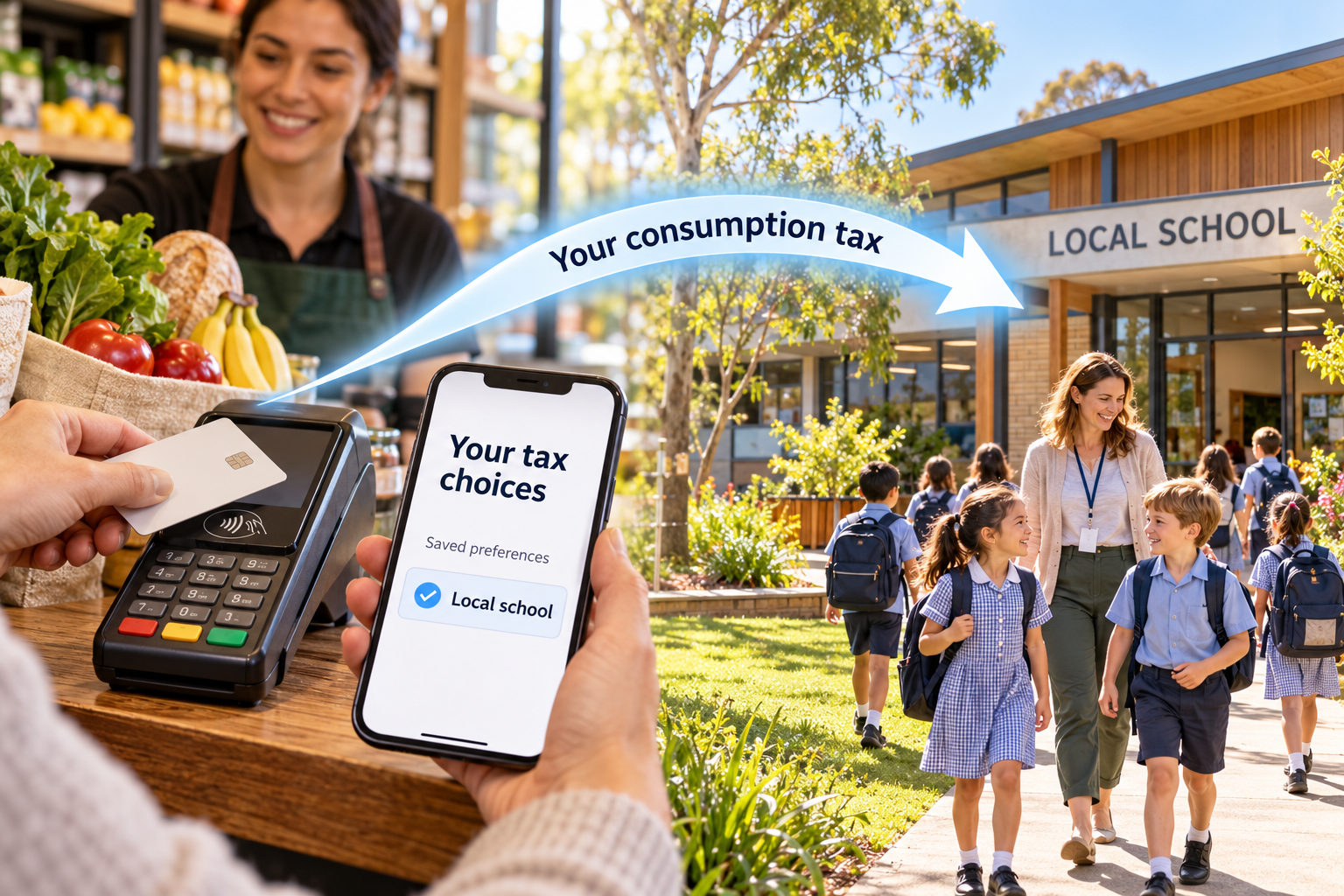 A shopper pays electronically while their phone shows a local school selected in saved tax preferences. An arrow labelled Your consumption tax connects the purchase to the school