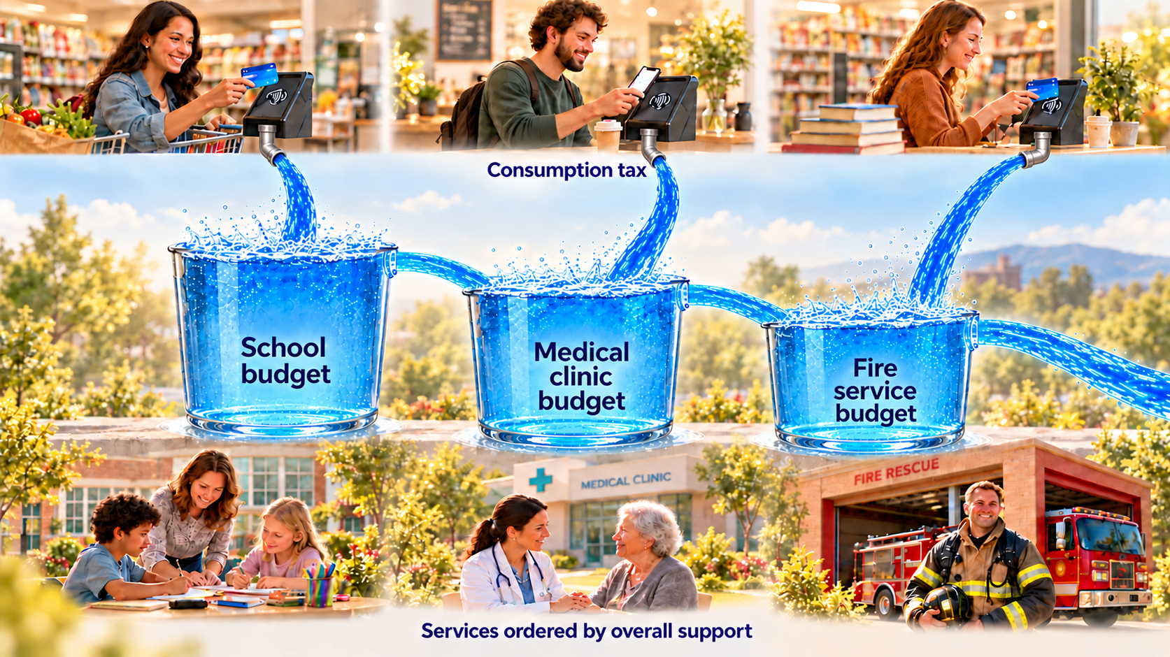 Consumption tax flows from electronic payment terminals into selected school, medical clinic and fire service budget buckets, with surplus flowing onward to further services in order of overall support.