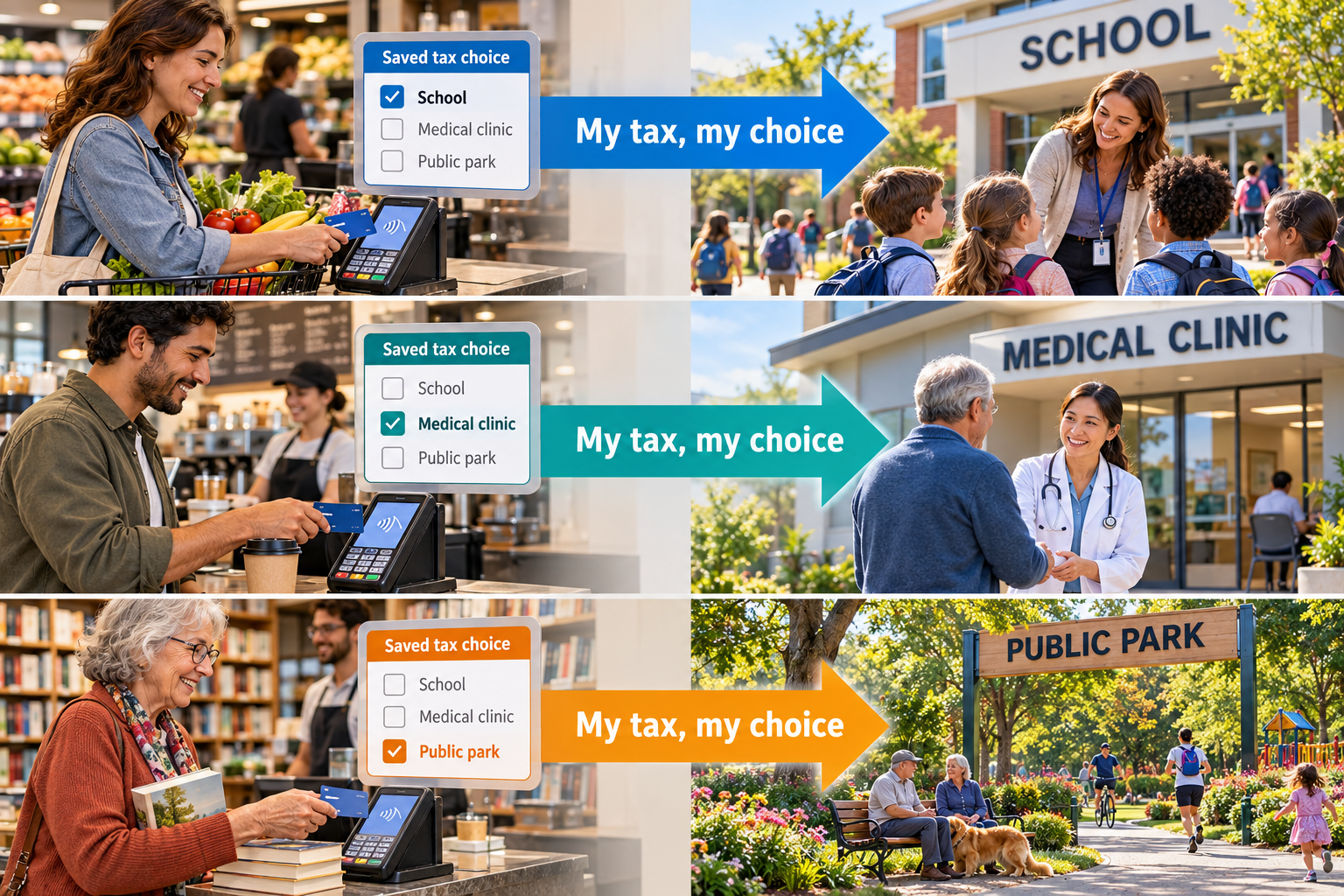 Three shoppers make electronic purchases with different saved tax choices. Separate arrows labelled My tax, my choice direct their consumption tax to a school, a medical clinic and a public park