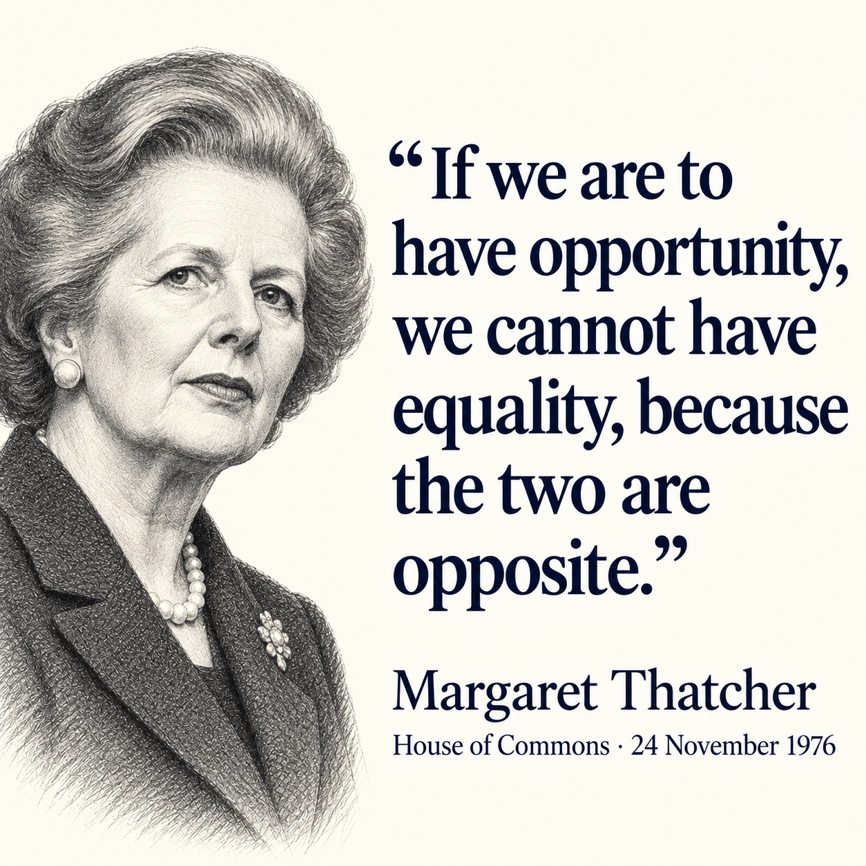 Illustrated portrait of Margaret Thatcher with her quotation: If we are to have opportunity, we cannot have equality, because the two are opposite. House of Commons, 24 November 1976.
