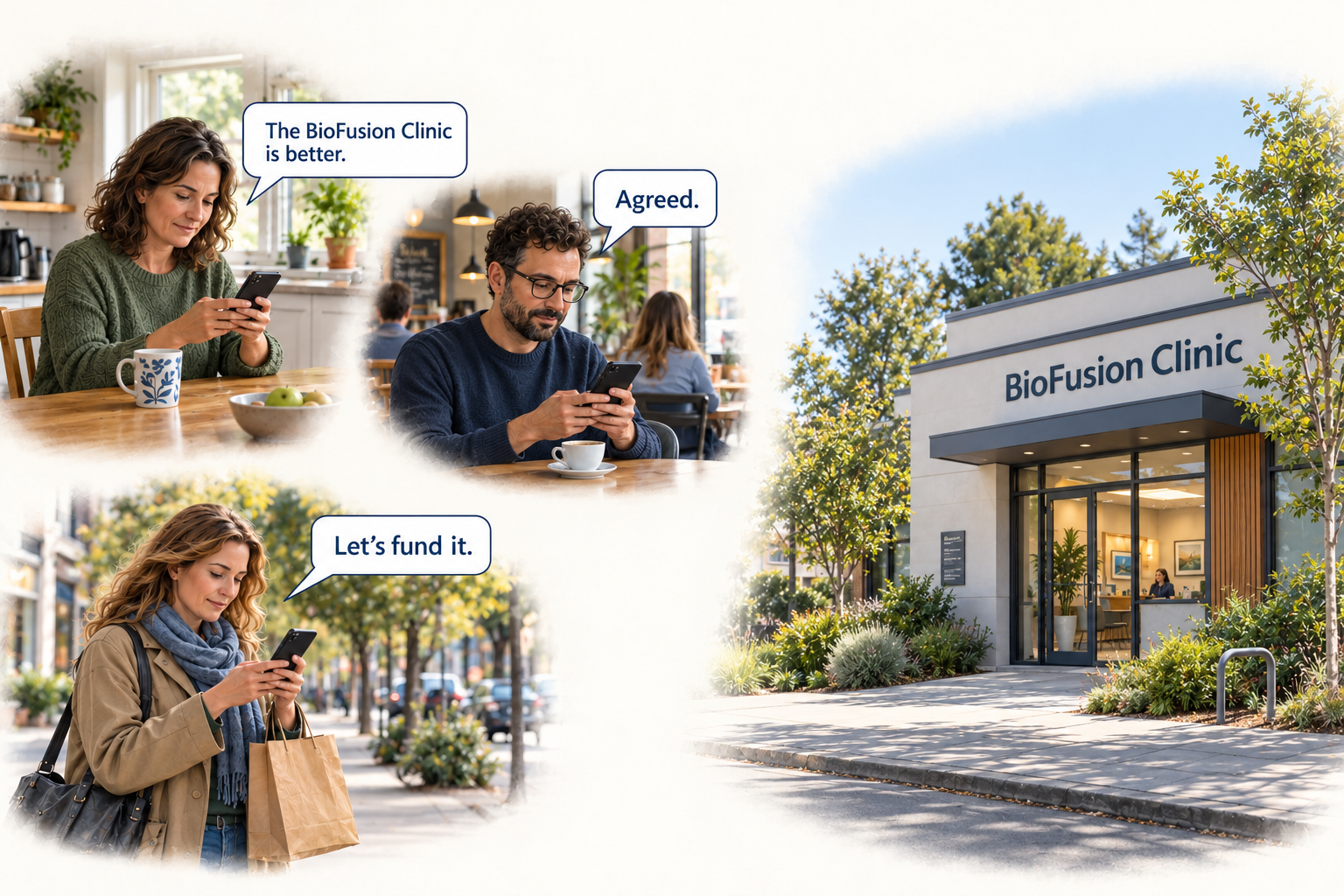 Three consumers in separate locations using their phones to discuss BioFusion Clinic, with messages saying The BioFusion Clinic is better, Agreed, and Let's fund it.
