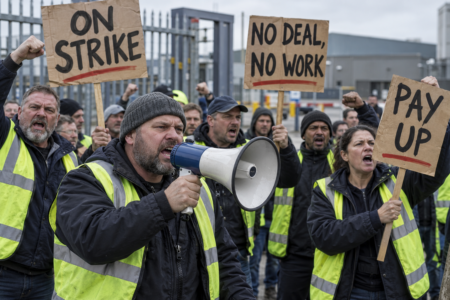 Illustrative strike scene outside a factory: workers holding On strike, No deal, no work, and Pay up signs, with one speaking through a megaphone.